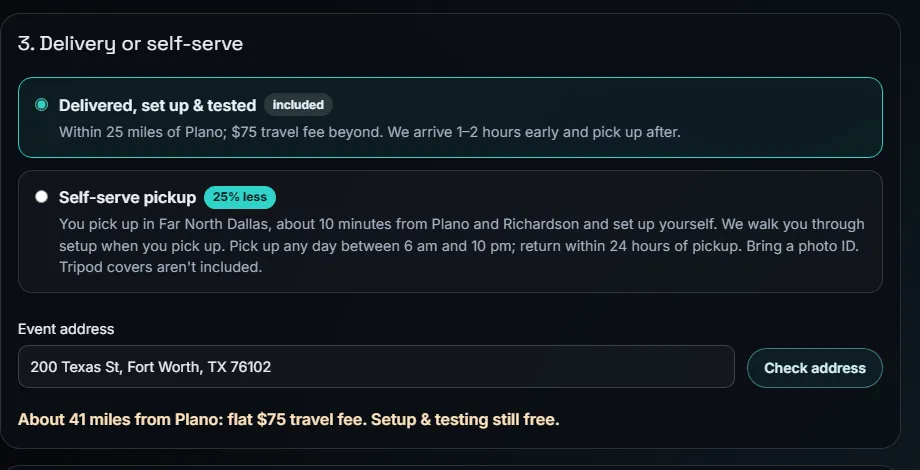 The delivery step for a Fort Worth address: about 41 miles from Plano, flat $75 travel fee, setup and testing still free
