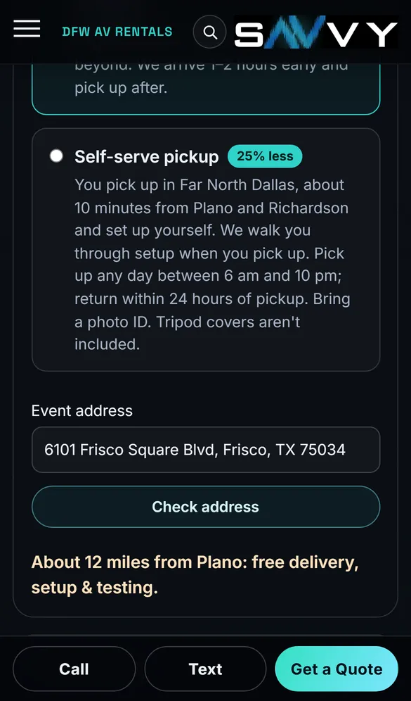 On a phone, an address in Frisco returns: about 12 miles from Plano, free delivery, setup and testing