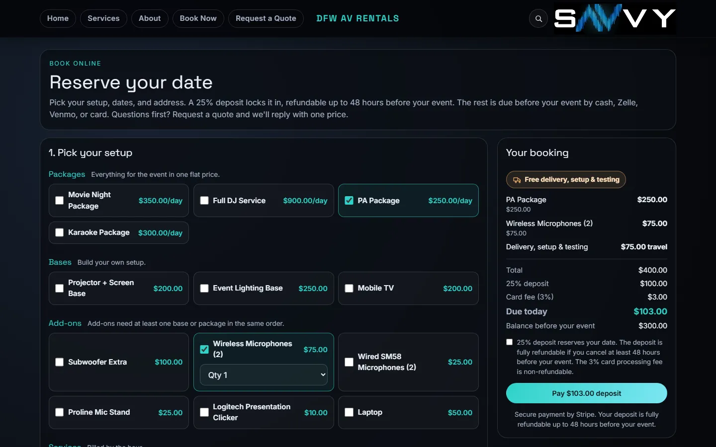The booking page with the PA Package and wireless microphones selected; the summary shows a $400 total, a $100 deposit, a $3 card fee and $103 due today