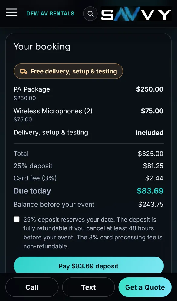 On a phone, the booking summary shows a $325 total, an $81.25 deposit, a $2.44 card fee and $83.69 due today