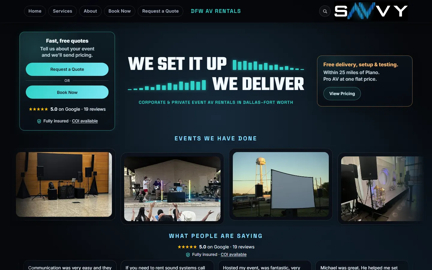 The savvyexp.com home page: quote and book buttons, a 5.0 Google rating with 19 reviews, and free delivery within 25 miles of Plano