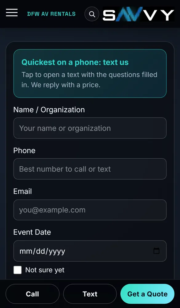 The quote form on a phone: a text-us shortcut, then name, phone, email and event date with a Not sure yet option
